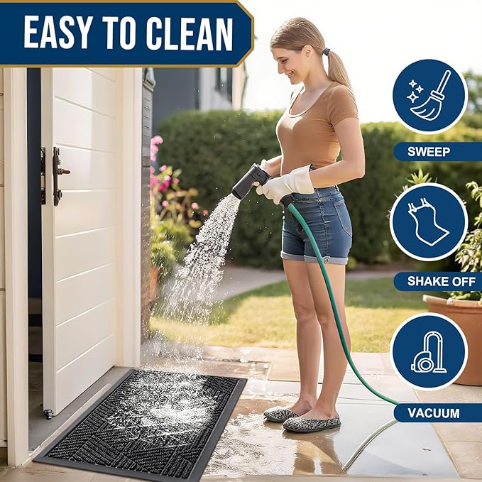 Smiry Front Door Mat Outside Entrance, Heavy Duty Sturdy Natural Rubber Doormat, Trap Dirt and Moisture, Easy Clean Low Profile Mats for Indoor Outdoor Entry, Irregular Triangle (47x32, Black)