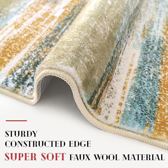 Lansny Modern Abstract Bedroom Runner Rug 2x7, Green Mustard Multi Washable Kitchen Runner, Non-Slip Soft Thin Faux Wool Mat for Entryway, Hallway, Laundry Room, Indoor Home Decor