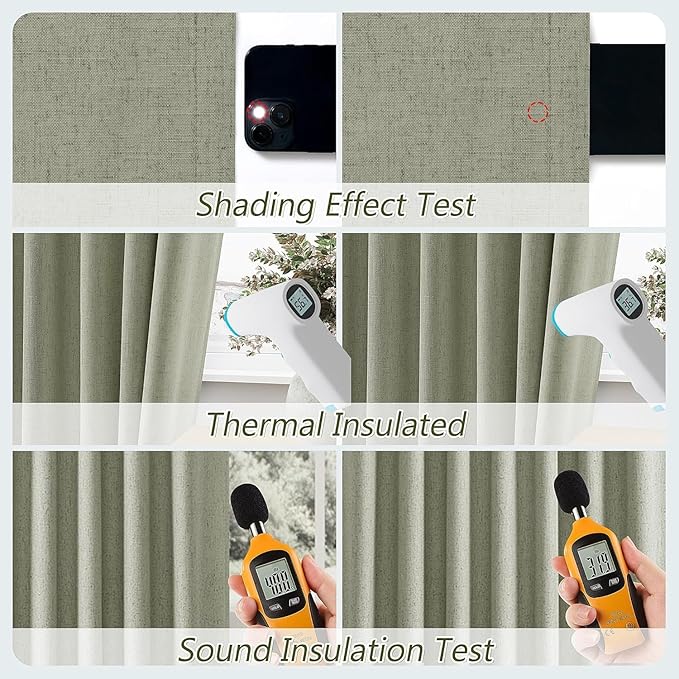 Guken 100% Blackout Linen Curtains 110 Inch Wide by 52 Inch 2 Panels Set for Living Room Bedroom Back Tab Thermal Insulated Black Out Linen Drapes Room Darkening Window Curtains, Sage Green