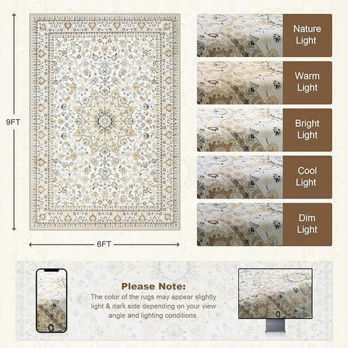 6x9 Area Rugs Living Room Rug: Washable Vintage Boho Rug No Slip Stain Resistant Soft Carpet Indoor Floor Floral Large Carpets for Bedroom Dining Room Farmhouse Nursery Home Office Beige