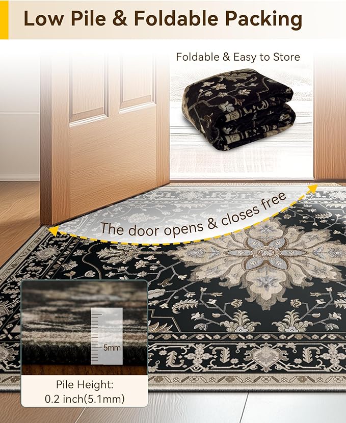 Area Rugs 10'x14' Washable Non-Slip, Floral Vintage Distress Print Pattern Medallion Carpet for Living Room Bedroom Dining Room, Black Brown Neutral Dark Tan