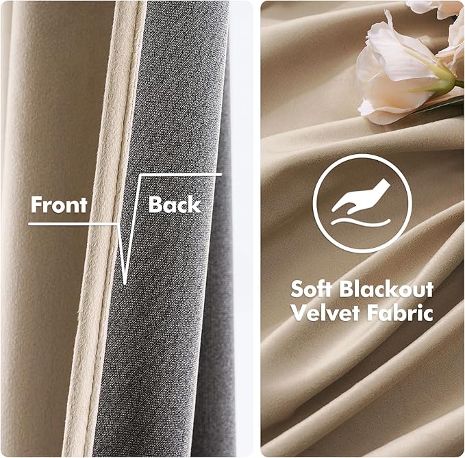 MIULEE 2 Panels Blackout Velvet Curtains Solid Soft Grommet Camel Beige Curtains Thermal Insulated Soundproof Room Darkening Curtains/Drapes/Panels for Living Room Bedroom 52 x 63 Inch