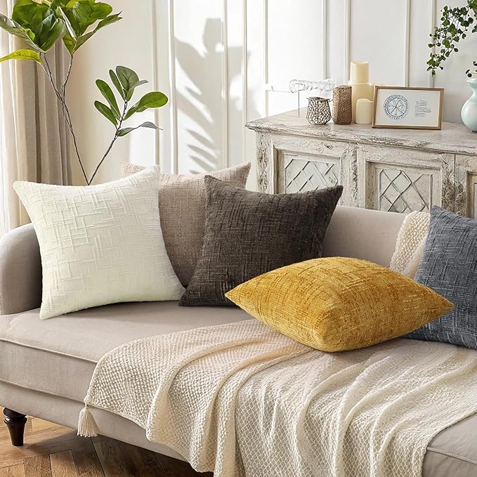 decorUhome Oatmeal Chenille Throw Pillow Covers 16x16 Set of 2 Textured Soft Cozy Slubby Couch Pillow Covers Modern Farmhouse Boho Decorative Pillow Cases for Bed Sofa Living Room