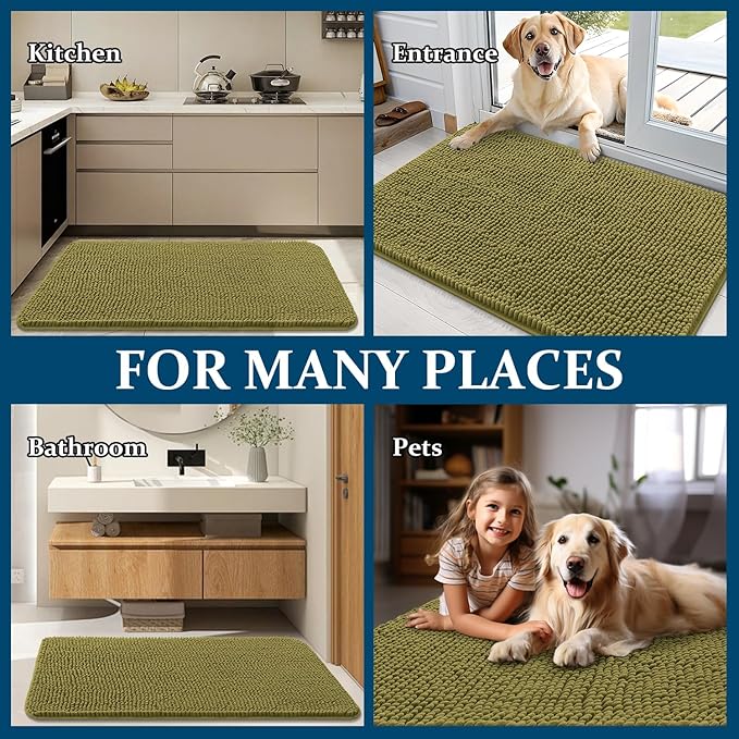 OLANLY Dog Door Mat for Muddy Paws 50x30, Absorbs Moisture and Dirt, Absorbent Non-Slip Washable Doormat, Quick Dry Chenille Mud Mat, Entry Indoor Entryway Carpet for Inside Floor, Willow Green