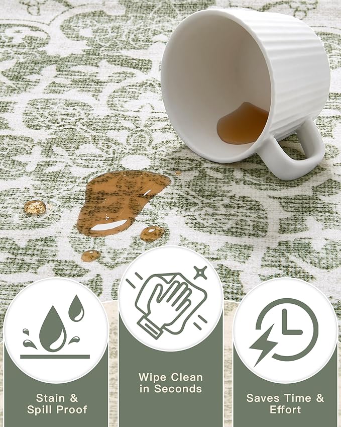 Madane 9x12 Area Rugs for Living Room, Machine Washable Vintage Green Rug with Non-Slip Backing, Soft Throw Large Rug, Thin Carpet for Bedroom Dining Room Farmhouse Under Table, Green/Ivory