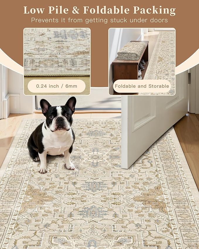 Madane 6x9 Area Rugs for Living Room, Stain Resistant Washable Rugs, Non-Slip Backing Area Rug, Vintage Home Decor Rug for Bedroom (Beige/Blue, 6'x9')