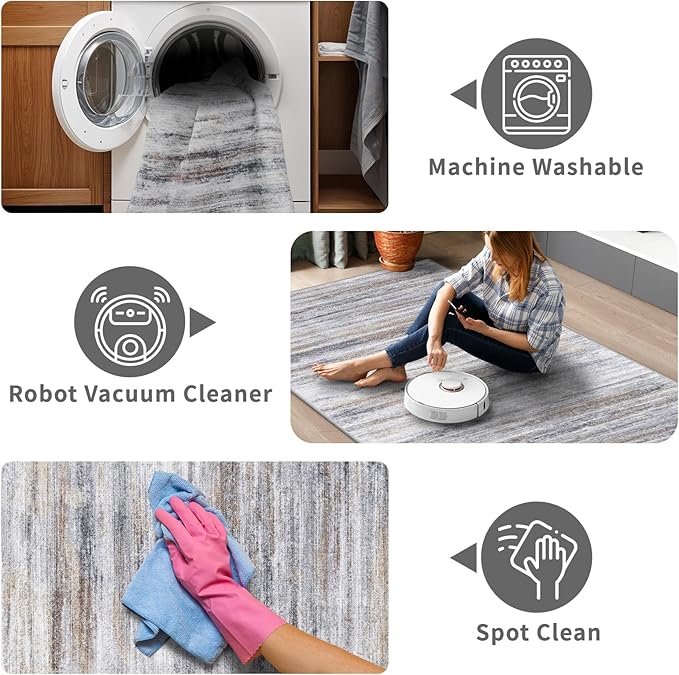2x4 Washable Entryway Runner Rugs: Easy-to-Clean Runners for Hallway Bedroom - Stain and Water Resistant Rug with Non-Slip Backing - Soft Low-Pile Door Mat Kitchen Carpet Beige Grey