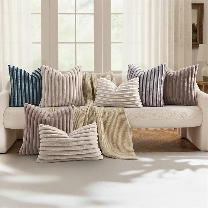 decorUhome Summer Cozy Faux Fur Throw Pillow Covers 24x24 Set of 2 Decorative Plush Striped Modern Farmhouse Boho Couch Euro Sham Pillow Cases with Velvet Back for Sofa Bed Living Room, Beige White