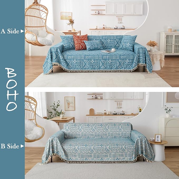 HANDONTIME Turquoise Couch Protector for Dogs Boho Tassel Blue Couch Cover Farmhouse Sofa Covers Aztec Tribal Couch Covers for 3 Cushion Couch Sofa Universal Sofa Slipcover for Home décor, 71" X150"