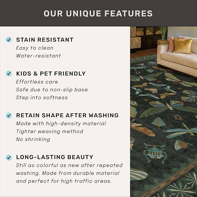 6x8 Dark Green Washable Dining Room Rug - Vintage Area Rug for Living Room, Bedroom Under Bed Low Pile & Soft, Insect Moth Floral Non Slip Low Pile Floor Carpet