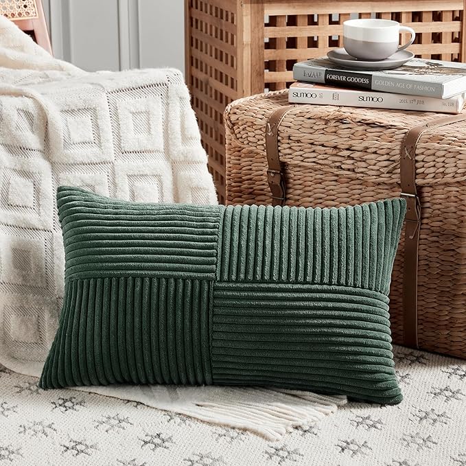 Fancy Homi Set of 2 Dark Green Lumbar Decorative Throw Pillow Covers 20x28 Inch for Living Room Couch Bed, Boho Farmhouse Forest Green Home Decor, Soft Corduroy Corss Patchwork Cushion Case