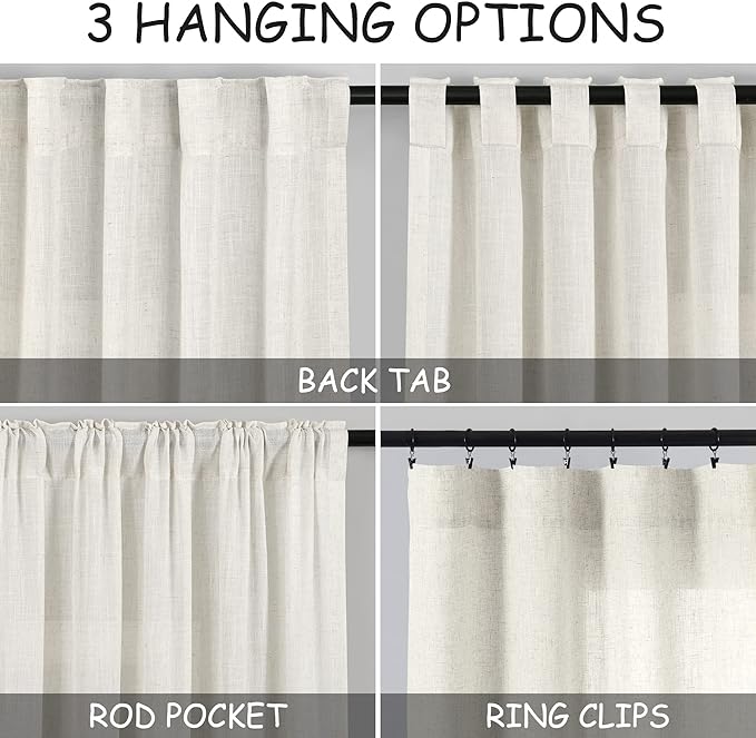 Cream Linen Curtains 123 Inches Long for Living Room Extra Long Back Tab Curtains Neutral Farmhouse Light Filtering Semi Sheer Linen Drapes Ceiling to Floor for Large Window 2 Panels Set 52x123