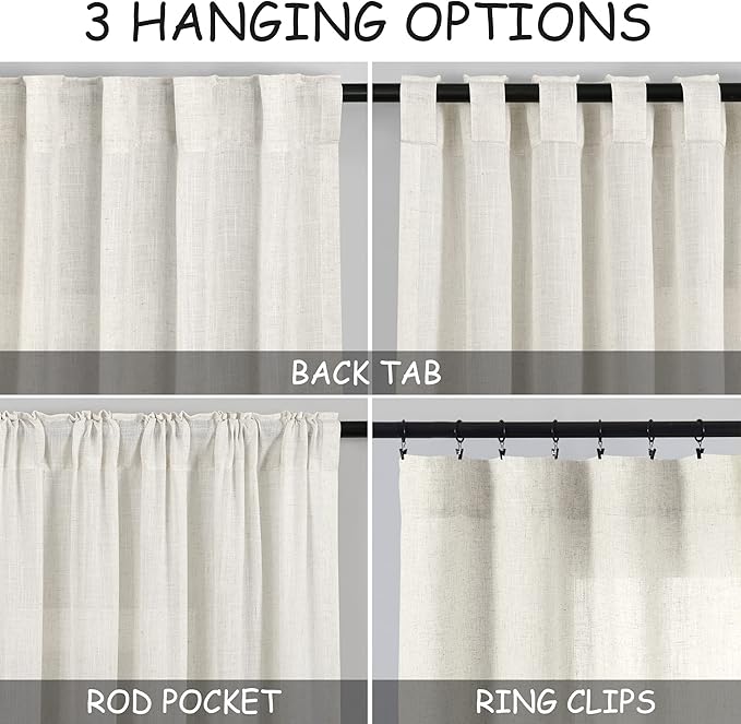 Nanspring Cream Linen Curtains 77 Inches Long for Bedroom Back Tab Light Filtering Privacy Sheer Curtains Modern Farmhouse Coastal Decor Cotton Textured Gauze Curtain for Bathroom 2 Panel Set 52x77