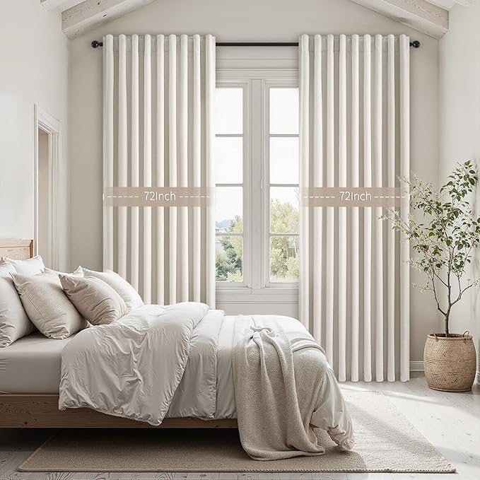 Birch Cream Extra Wide 72 Inches Blackout Curtains for Living Room Ivory Linen Blend Pleated Farmhouse Drapes Back Tab Pleated Rod Pocket Ceiling Track Large Windows Burg (72" Wx90 Lx 1 Panel)