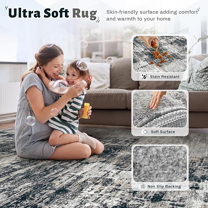 6x9 Area Rugs for Living Room, Washable Modern Abstract Large Area Rug Neutral Soft Non Slip Kids Rug Stain Resistant Indoor Carpet for Bedroom Nursery Dining Room Playroom(BlackGrey, 6'x9')