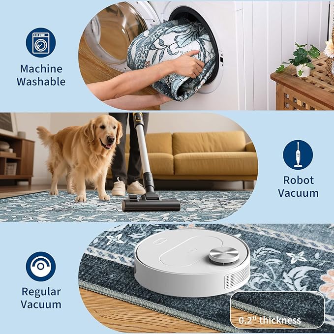 GarveeHome Provence Misty Blue 2x6 Washable Kitchen Runner Rugs Non Slip Vintage Boho Cottage Long Rug for Hallways Bedroom Entryway Bathroom Mat with Rubber Back