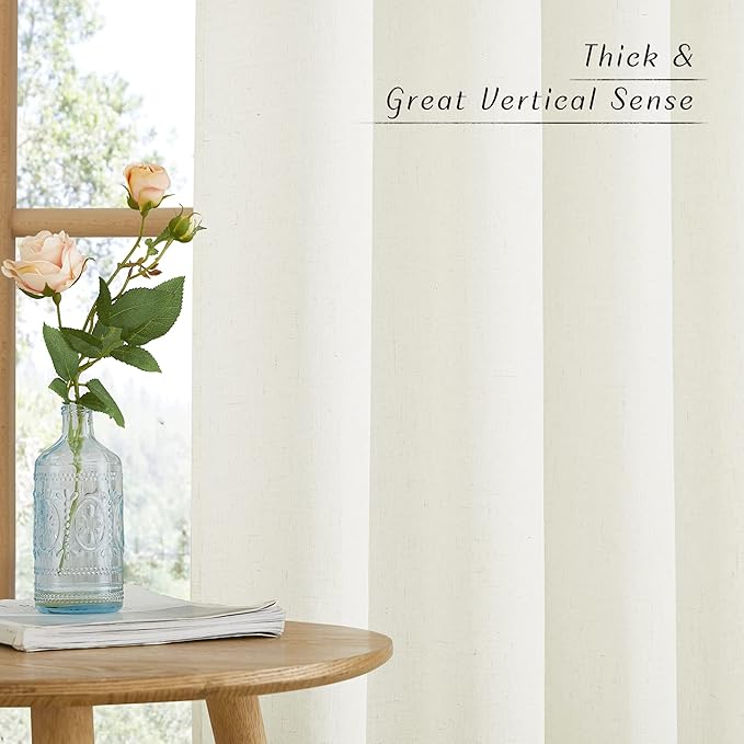 NICETOWN Flax Linen Blend Curtains for Bedroom, Vintage Grommet Top Semi Sheer Curtain Drapes Privacy Assured Window Treatment Light Reducing for Living Room, Off White, W55 x L63, Set of 2