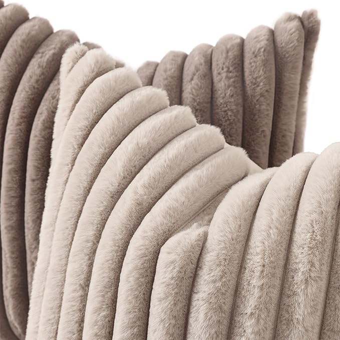 decorUhome Cozy Faux Fur Throw Pillow Covers 24x24 Set of 2 Decorative Soft Plush Striped Modern Farmhouse Boho Couch Euro Sham Pillow Cases with Velvet Back for Sofa Bed Living Room, Light Coffee