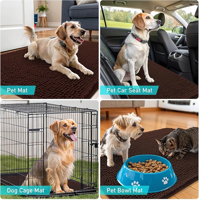 OLANLY Dog Door Mat for Muddy Paws 47x24, Absorbs Moisture and Dirt, Absorbent Non-Slip Washable Doormat, Quick Dry Chenille Mud Mat for Dogs, Entry Indoor Entryway Carpet for Inside Floor, Brown