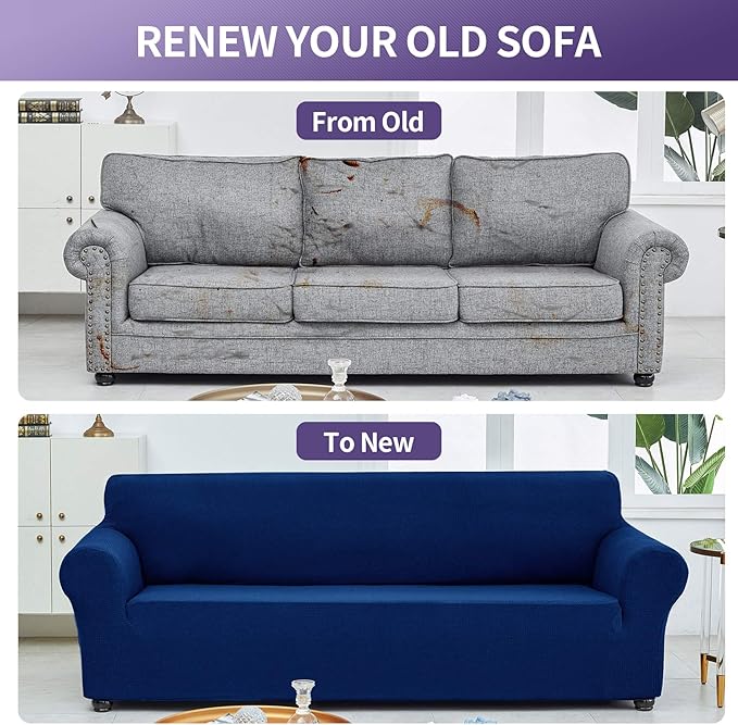 Joccun Stretch Couch Cover Slipcovers, 1-Piece Sofa Covers for 3 Cushion Couch Spandex Jacquard Washable Furniture Protector Cover for Living Room,Kids,Pets(Sofa,Classic Blue)