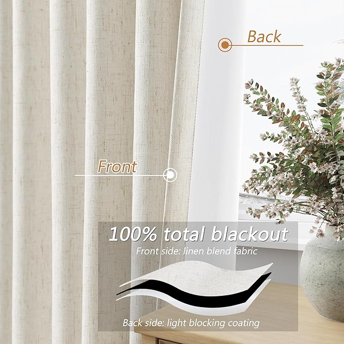 Guken Cream 100% Blackout Curtains 144 Inch Length 2 Panels Set for Living Room Bedroom Back Tab Thermal Insulated Black Out Linen Drapes Room Darkening Window Curtains