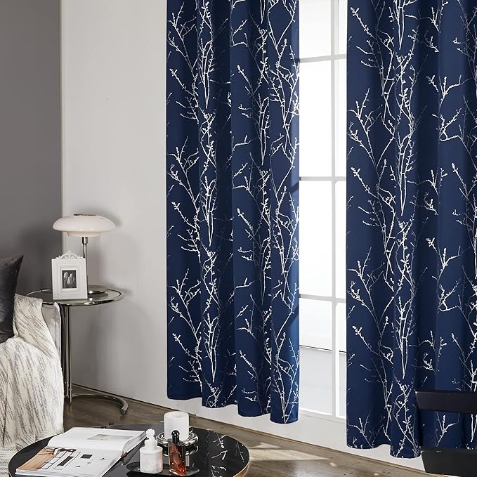 Deconovo Blackout Curtains, Navy Blue Curtain, Thermal Insulated Soundproof Drapes, Branch Silver Print, 52 x 108 Inch Long, Machine Washable Grommet Panels for Sliding Door Bedroom Home, Set of 2