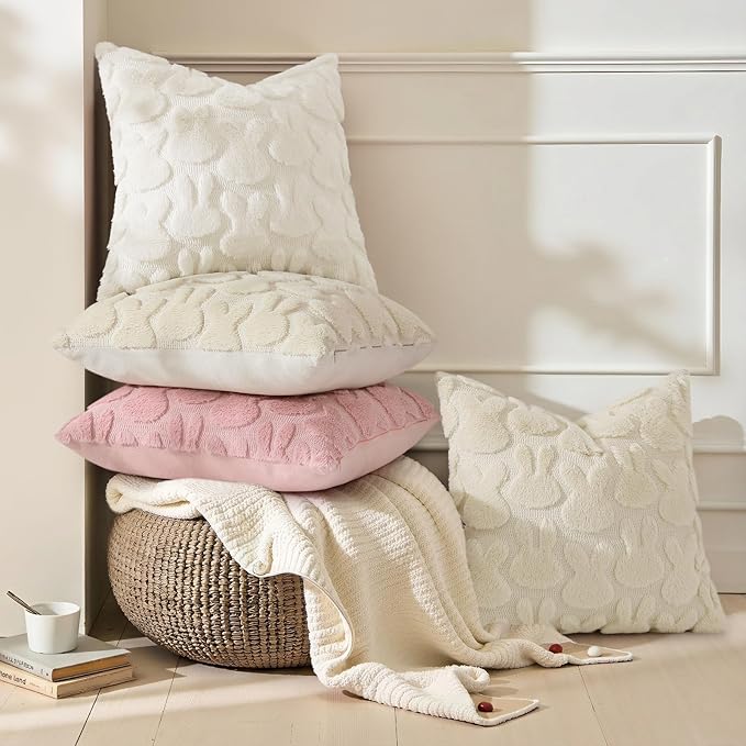 decorUhome Easter Bunny Pillow Covers 12x20 Inch Set of 2, Soft Plush Faux Wool Jacquard Cream White Rabbit Cushion Covers, Farmhouse Neutral Spring Easter Holiday Decor for Couch Sofa Bed