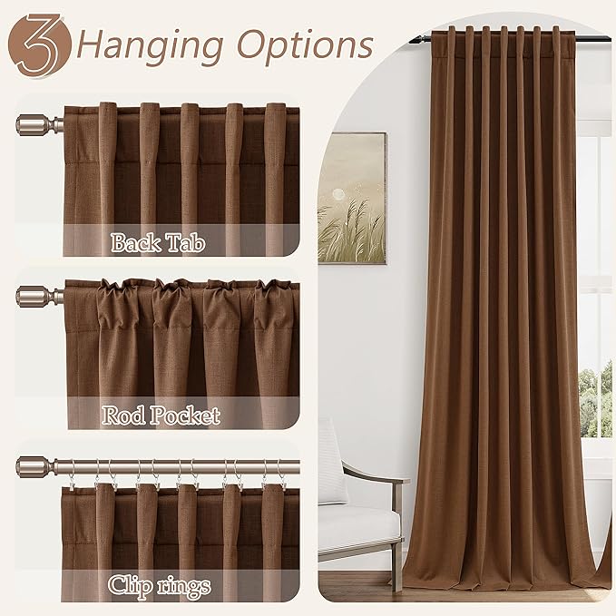 Guken 100% Blackout Linen Curtains 90 Inch Length 2 Panels Set for Living Room Bedroom Back Tab Thermal Insulated Black Out Linen Drapes Room Darkening Window Curtains,Caramel Brown