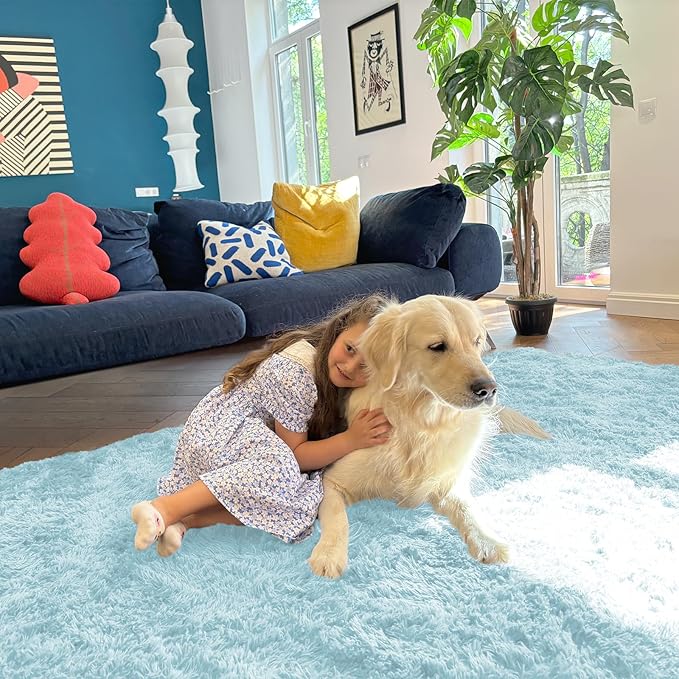 OLANLY 5x8 Machine Washable Large Area Rugs for Living Room, Bedroom, Soft Fluffy Shaggy Bedside Rug, Indoor Floor Carpet for Kids Girls and Boys, Dorms, Nursery, Home Decor Aesthetic, Light Blue