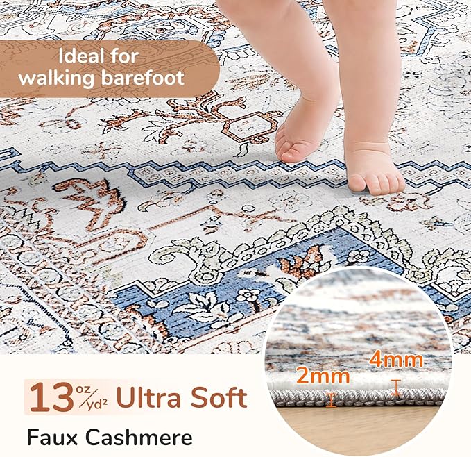OPPODREAM Soft Entryway Rug 2x8, 2x8 Rug Runner, Neutral Washable Hallways Carpet 2 x 8 with Non Slip Backing, Low-Pile Bedside Carpet 2 x 8, Long, Faux Cashmere, Cream White & Blue & Light Brown