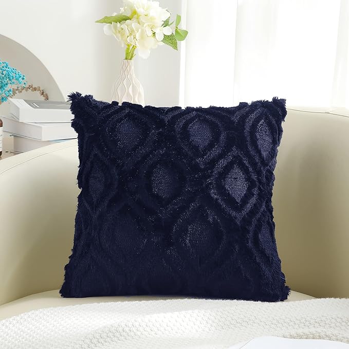 decorUhome Summer Throw Pillow Covers 16x16 Inch Set of 2, Soft Plush Faux Wool Navy Blue Solid Couch Pillow Covers, Accent Farmhouse Neutral Square Pillow Cases for Sofa Bed Living Room