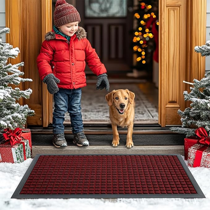 Smiry Front Door Mat Outside Entrance, Heavy Duty Natural Rubber Doormat, Non Slip, Trap Dirt and Moisture, Easy Clean, Low Profile Welcome Floor Mats for Indoor Outdoor Entry, 59x23 Inch, Red