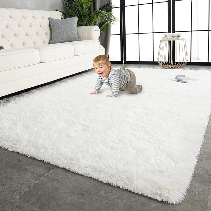 TWINNIS Super Soft Shaggy Rugs Fluffy Carpets 8x10 Feet, Indoor Modern Plush Area Rugs for Living Room Bedroom Kid Room Nursery Home Decor, Upgrade Anti-Skid Rectangular Fuzzy Rug, Cream White