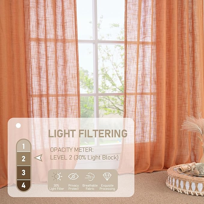 LAMIT Linen Curtains 48 Inch Length 2 Panels, Light Filtering Panels Back Tab and Rod Pocket Country Decor Drapes for Kitchen/Window/Loft Room/Bedroom, 34 x 48 Inch, Burnt Orange