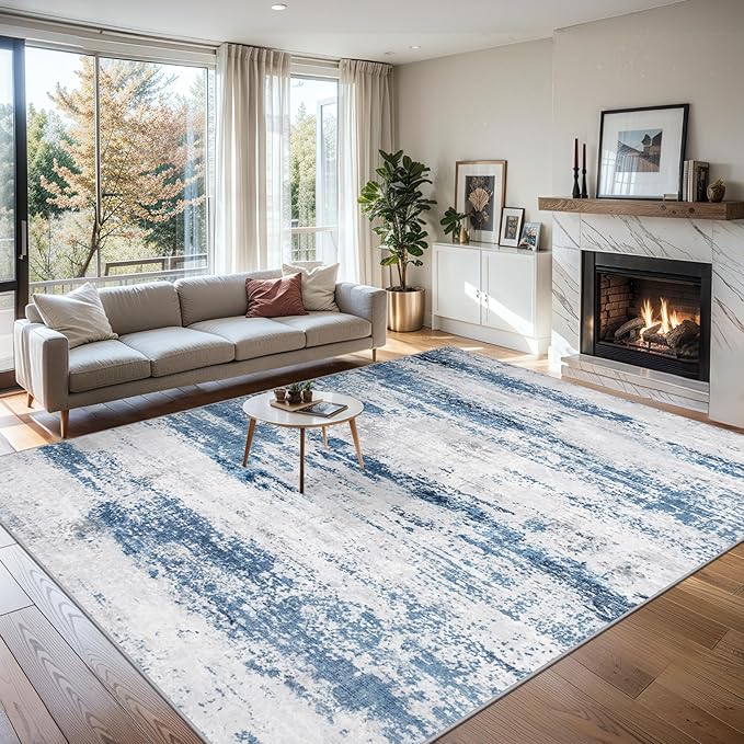 Area Rugs 10x12 Living Room - Washable Rug Modern Abstract Soft Large Neutral Non-Slip Carpet Indoor Floor Thin Carpets for Bedroom Dining Room Farmhouse Nursery Home Office White Blue Grey