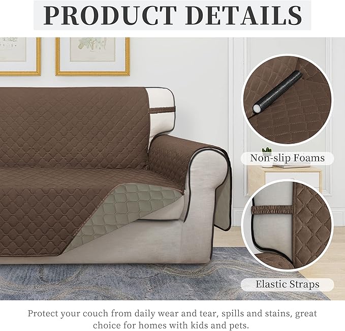 ISSUNTEX Double Protection 100% Waterproof Sofa Covers for Living Room, Couch Covers for 3 Cushion Couch Sofa, Reversible Furniture Protector Sofa Cover for Dogs, Pets, Kids (Sofa, Brown/Beige)