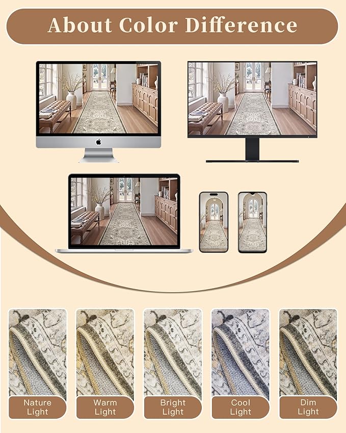 Madane Runner Rug 2'6''x8' Kitchen Runner, Hallway Runner Printed Vintage Washable Rugs Soft Non-Slip Low Pile Runners for Hallways Laundry Room Rug Distressed Rug, Ivory/Brown