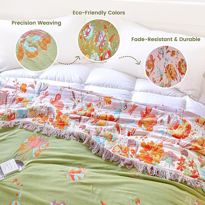 MSGKV Boho Throw Blanket 50"x60" Floral 100% Cotton Blanket with Flower and Butterfly for Couch Sofa Spring Breathable Lightweight Farmhouse Blankets Home Decor Muslin