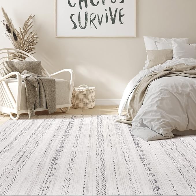 Nakagishi 8x10 Area Rugs Living Room: Washable Boho Large Neutral Soft Farmhouse Rug Stain Resistant Modern Moroccan Non-Slip Indoor Carpet for Bedroom Nursery Kids Playroom Office Dining Room- Gray