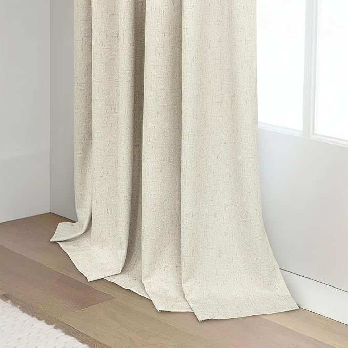 Burlap Curtains 90 Inches Long for Bedroom 2 Panel 100 Percent Blackout Linen Textured Full Light Blocking Cottage Drape for Living Room Dining Noise Reducing Sound Proof Curtains 52x90 Length Beige