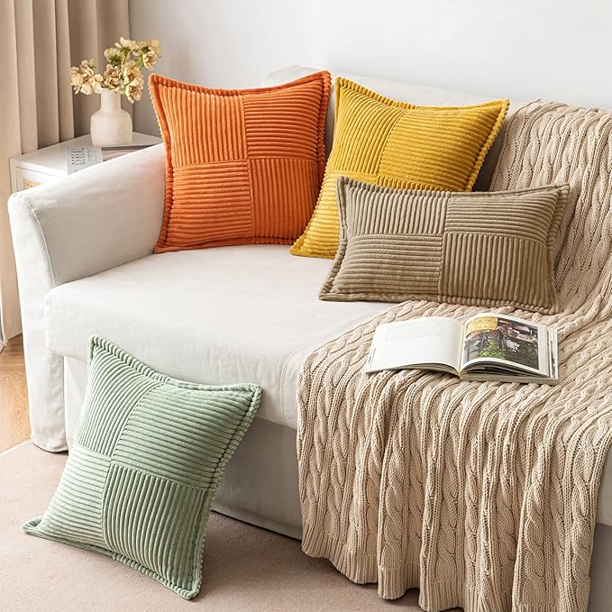 MIULEE Decorative Throw Pillow Covers for Couch Bed Livingroom 20x20 Inch Set of 2 Khaki Boho Accent Throw Pllows Broadside Striped Patchwork Soft Corduroy Pillowcases