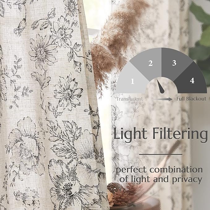 jinchan Linen Blend Curtain Floral Curtains for Living Room 90 Inch Length Black Printed Curtain Rod Pocket Back Tab Farmhouse Peony Flower Patterned Drapes Bedroom Window Curtains Set 2 Panels