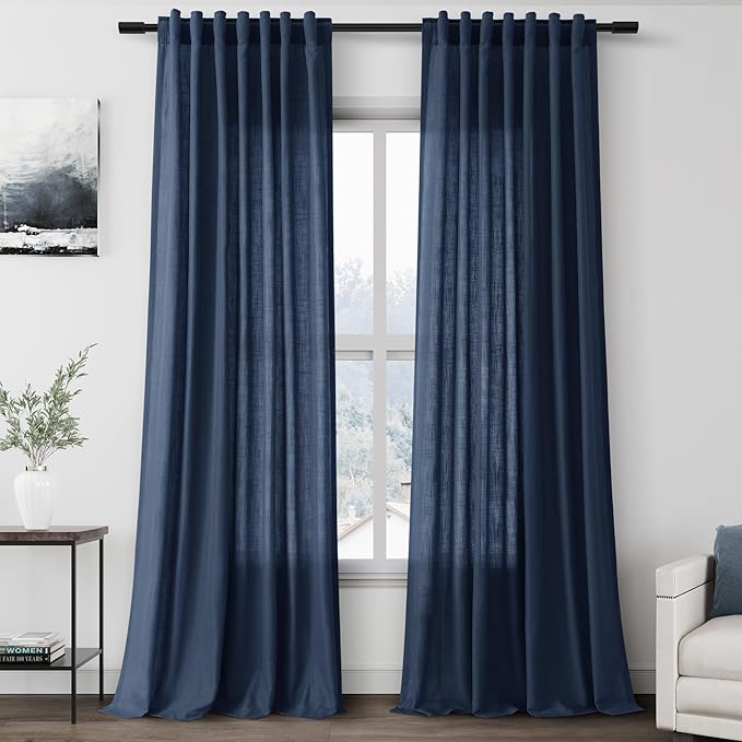Nanspring Denim Blue Linen Curtains 90 Inch Long 2 Panels Set for Bedroom Living Room Denim Blue Linen Textured Window Drapes Semi Sheer Light Filtering Rod Pocket Back Tab Farmhouse Curtain 52x90