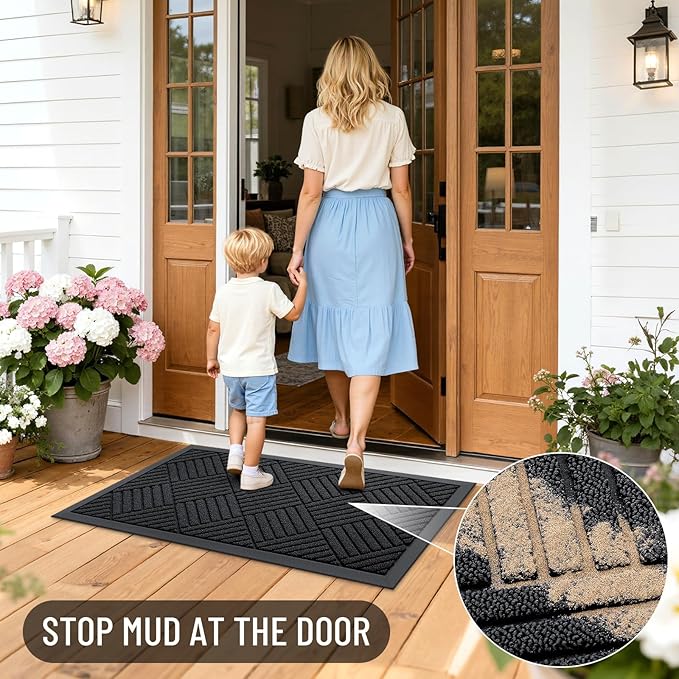 OLANLY Front Door Mat Outside Entrance 59x34, Absorbent, Heavy Duty Sturdy Natural Rubber Doormat Indoor Outdoor, Stain and Fade Resistant, Non-Slip Low Profile Floor Mat for Entryway, Black Diamond