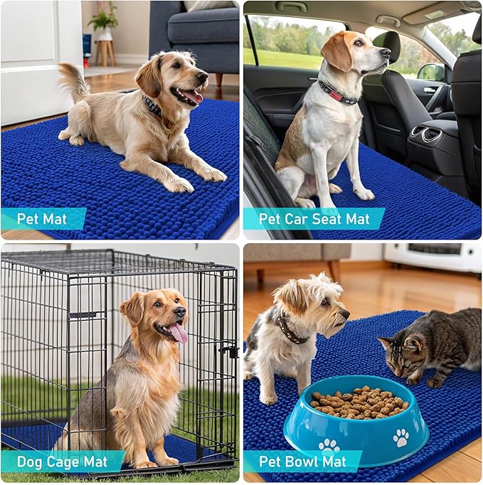 OLANLY Dog Door Mat for Muddy Paws 44x32, Absorbs Moisture and Dirt, Absorbent Non-Slip Washable Doormat, Quick Dry Chenille Mud Mat for Dogs, Entry Indoor Entryway Carpet for Inside Floor, Royal Blue