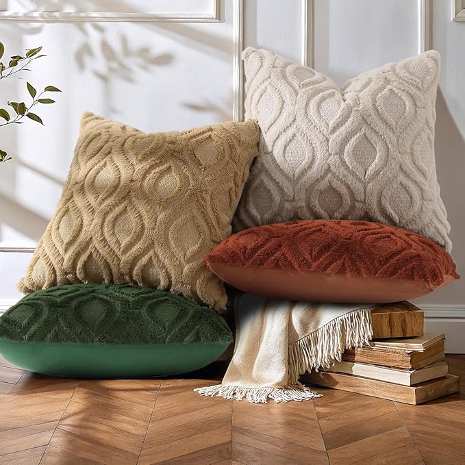 decorUhome Throw Pillow Covers 22x22 Inch Set of 2, Soft Plush Faux Wool Khaki Solid Couch Pillow Covers, Accent Euro Sham Farmhouse Neutral Square Pillow Cases for Sofa Bed Living Room