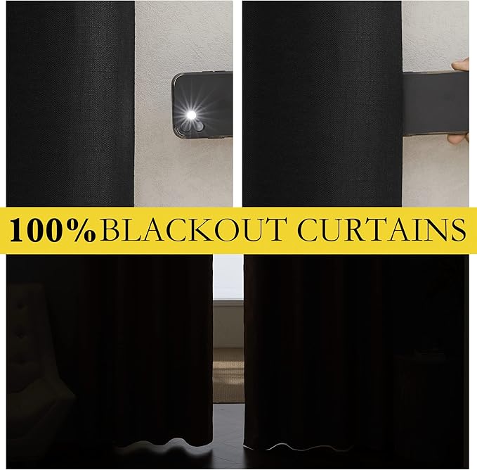 NICETOWN Vintage Open Linen Weave Flax Thermal Curtains, 100% Blackout Curtains 72 inches Long for Dining Room, Soundproof Window Treatment Drapes for Hall Room, Black, 52" Wide Per Panel, Set of 2