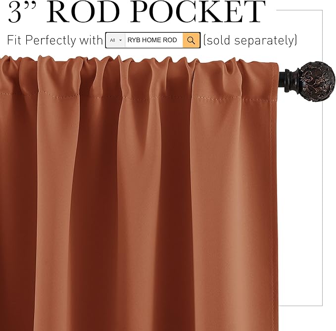 RYB HOME Kitchen Blackout Curtains Over Sink 36 inch Length, Rod Pocket Summer Light UV Blocking Energy Efficient, Cabinet Shelf Cupboard Coverings, Width 29 by Length 36, Burnt Orange, 2 Panels