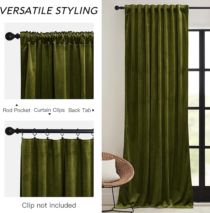 RYB HOME Moss Green Velvet Curtains 96 inches, Luxury and Soft Velvet Fabric, Spring Summer Decorative Curtains & Drapes for Patio Doory Room Window, W 52 x L 96 inches, 2 Panels Set