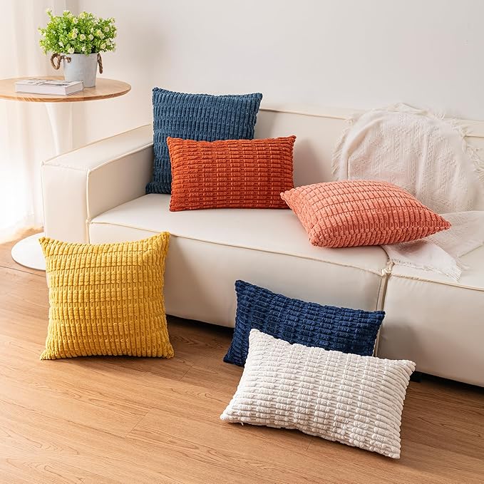 Pack of 2 Corduroy Decorative Throw Pillow Covers 20x20 Inch Soft Striped Pillow Covers Modern Farmhouse Home Decor for Sofa Living Room Couch Bed（Rose Red）